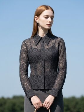 Vintage 90s Black Lace Sheer Top Size Small Floral Goth Dark Romantic Button Up
